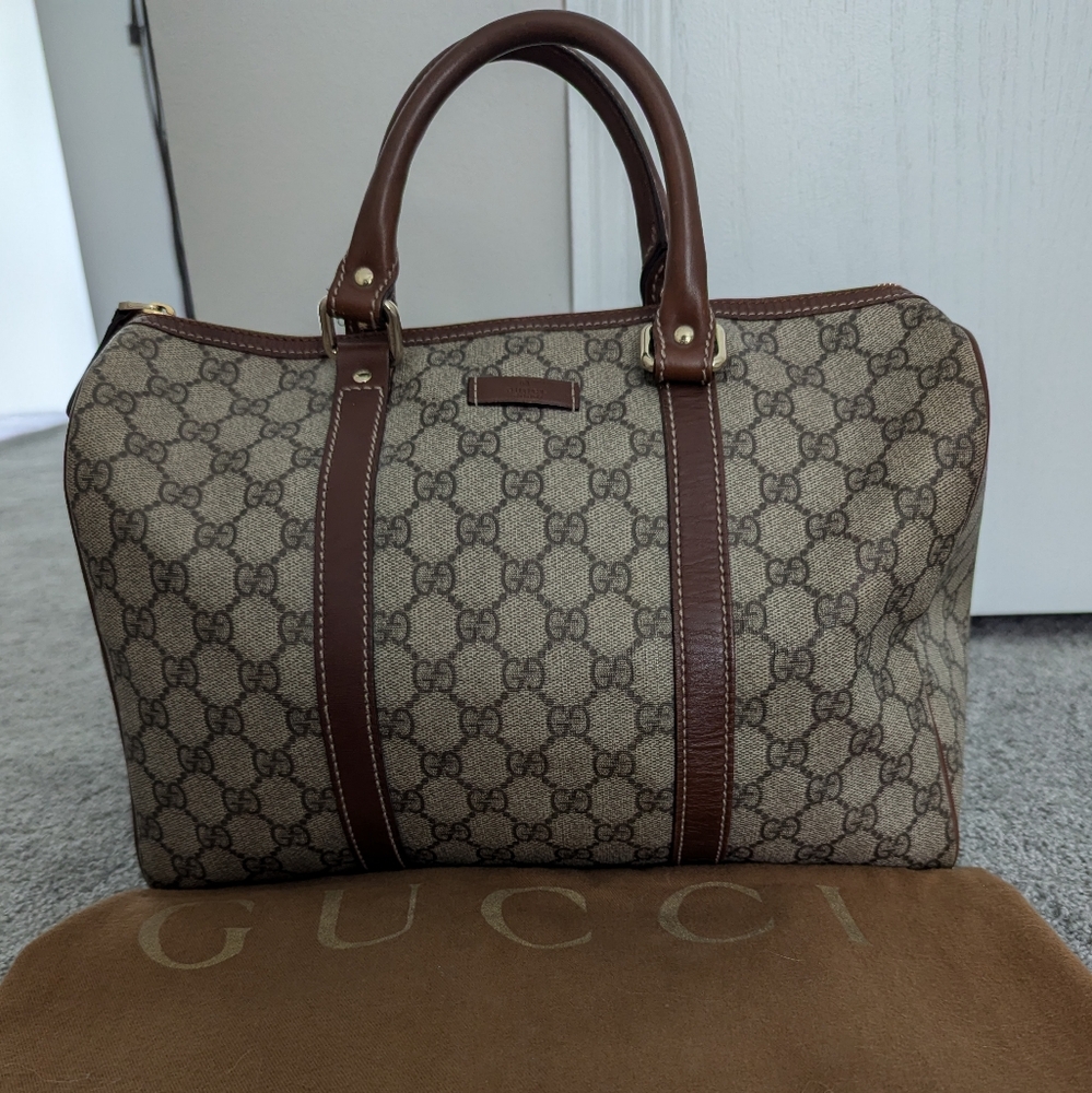 Gucci GG Monogram Medium Joy Boston Bag in Tan.